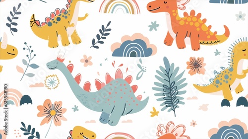 cute dinosaurs  clouds  flowers  trees  rainbows patterns. in a minimalistic crayon doodle illustration style