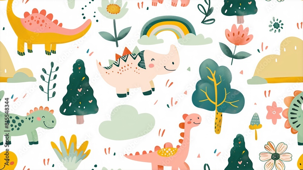cute dinosaurs, clouds, flowers, trees, rainbows patterns. in a minimalistic crayon doodle illustration style cute dinosaurs, clouds, flowers, trees, rainbows patterns. in a minimalistic crayon doodle illustration style