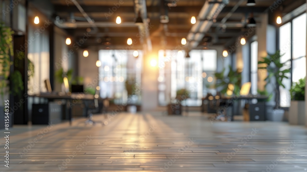 Empty office space with blurred background lights for design purposes Empty office space with blurred background lights for design purposes