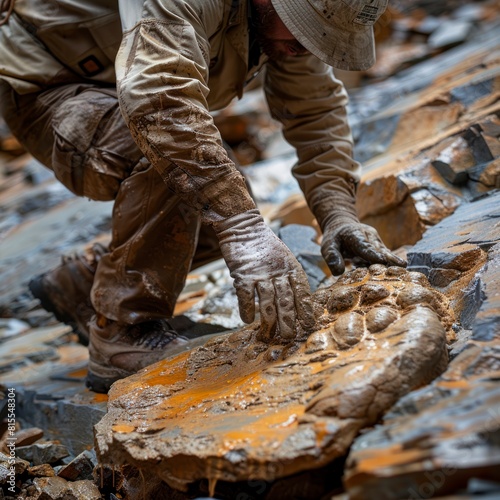 archeologist carefully extracting a fossilized footprint from a rock surface