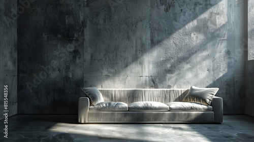 Gray velour sofa in a dark room the bright light from eternal light and artificial fireplace Interior loft with concrete walls : Generative AI