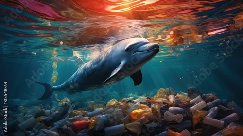 Illustration of a dolphin navigating through a polluted ocean filled with colorful plastic waste 