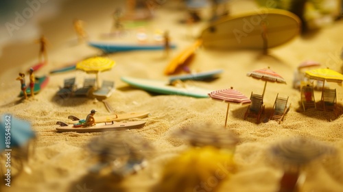 Miniature Beach Scene with Umbrellas and Surfboards