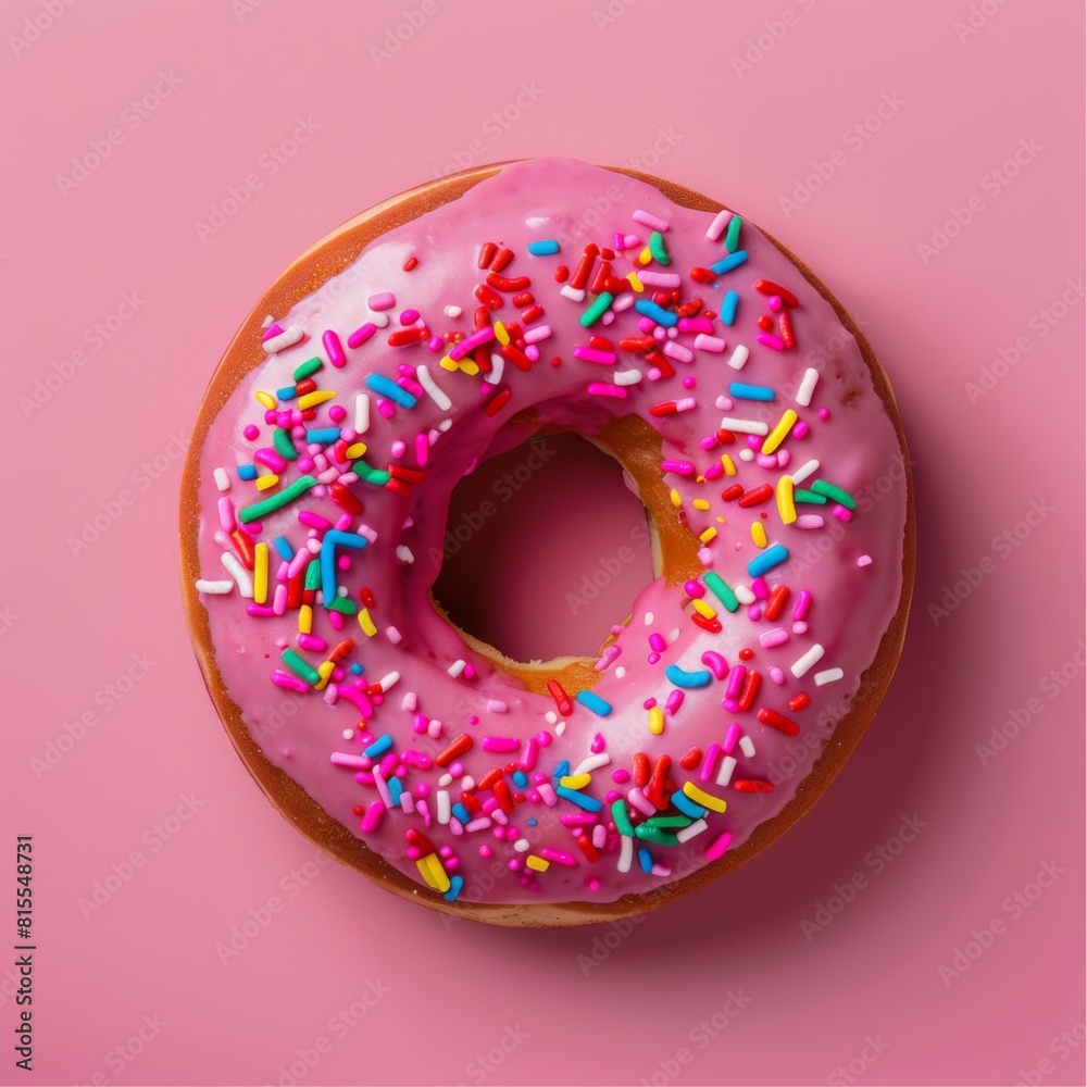 A delightful pink donut topped with colorful sprinkles against a soft pink backdrop