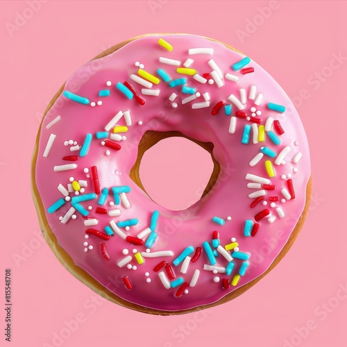 Pink donut with sprinkles on a pink background photo