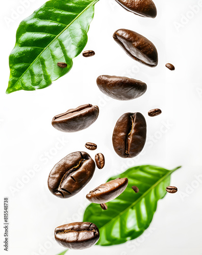 Wallpaper Mural fresh coffee beans and green coffee leaves falling in the air isolated on white background Torontodigital.ca