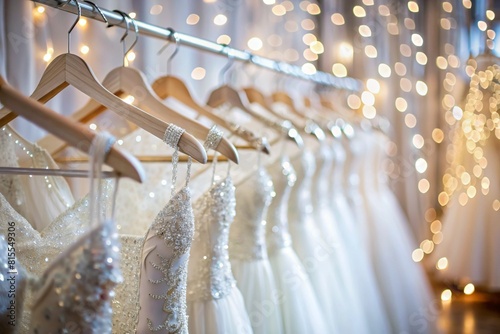 Rental and purchase of wedding dresses for events. Close-up. Wedding white dresses hang on white hangers on a rod in the bridal salon store.