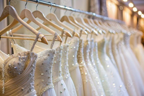 Rental and purchase of wedding dresses for events. Close-up. Wedding white dresses hang on white hangers on a rod in the bridal salon store.