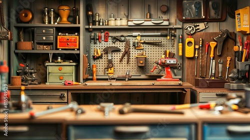 Creative Mini Workshop Scene with Tiny Tools and Miniature Projects