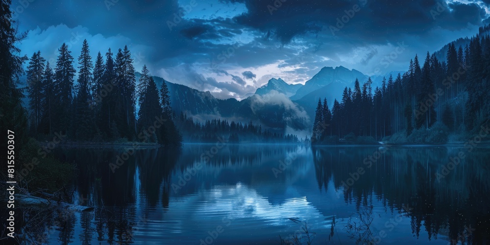 Pine Forest Lake Nestled on Mountain Under the Night Sky