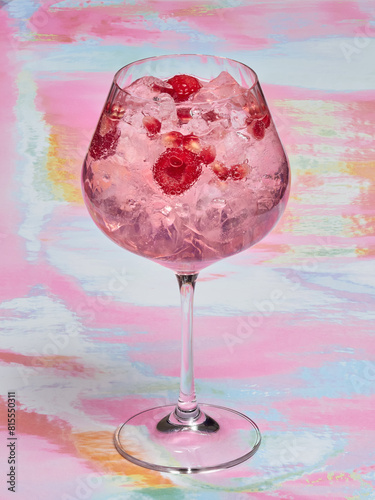 A close-up of a refreshing pink gin tonic filled with ice and berries set against a colorful background.