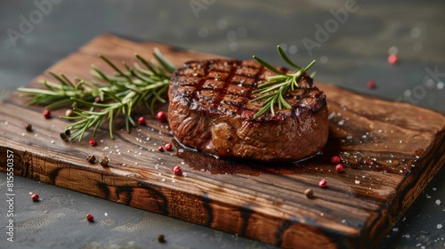 Classic Culinary Delight: Unetched Ribeye Steak with Rosemary and Pink Pepper on Wooden Board photo