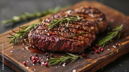 Classic Culinary Delight: Unetched Ribeye Steak with Rosemary and Pink Pepper on Wooden Board photo