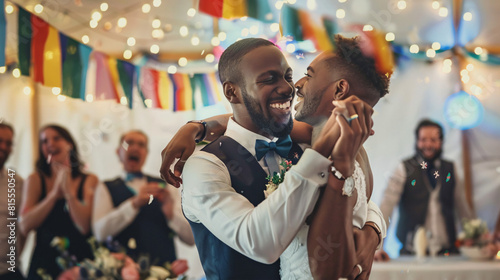 A happy LGBT couple sharing their first dance as newlyweds in a beautifully decorated reception hall, with guests cheering and celebrating around them