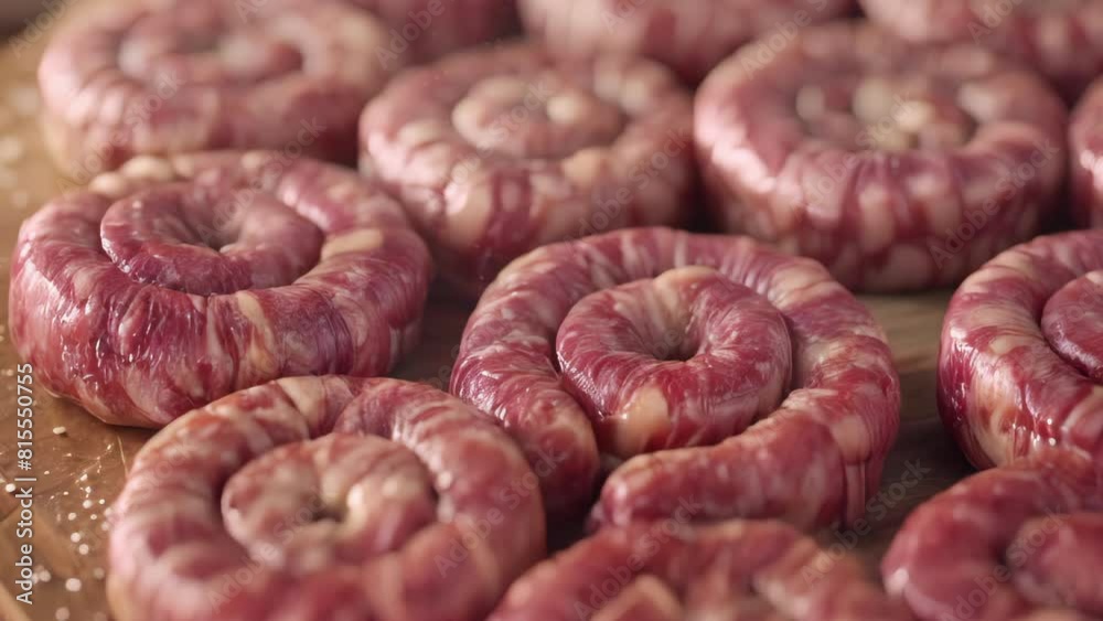 animation - Freshly prepared circular sausages on a wooden board