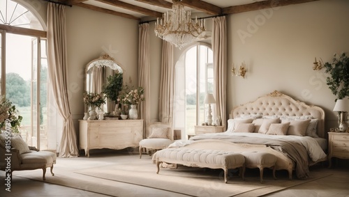 French country interior design of modern bedroom in farmhouse.