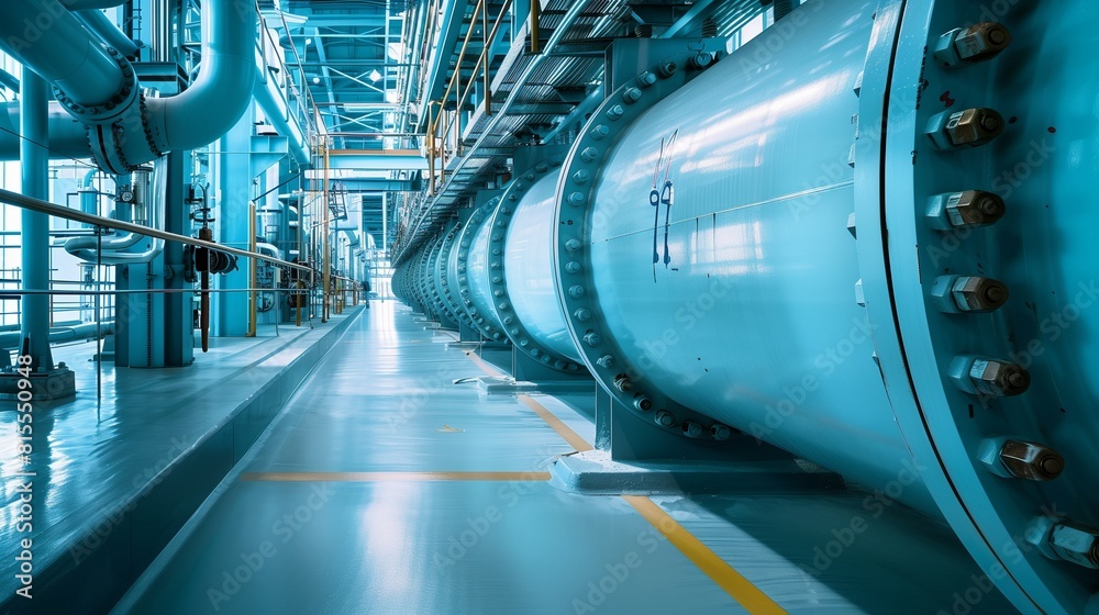 Fototapeta premium Pale Blue Pressure Vessel in a Chemical Plant, Capturing High-Strength Material Design