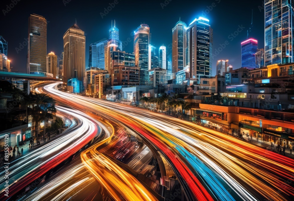 illustration, dynamic urban time bustling cityscape motion, skyline, buildings, traffic, busy, streets, cars, lights, movement, modern, architecture