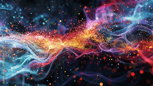 Dynamic wave of energy and particles  exploding with vibrant colors and light effects