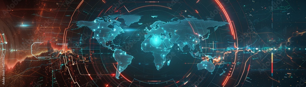 World map of terrain with radar interface. World map of terrain with radar interface.