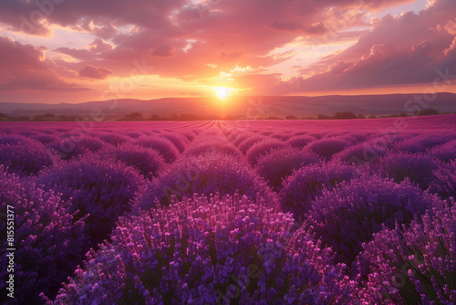 Beautiful sunset over lavender field. © Evgeny