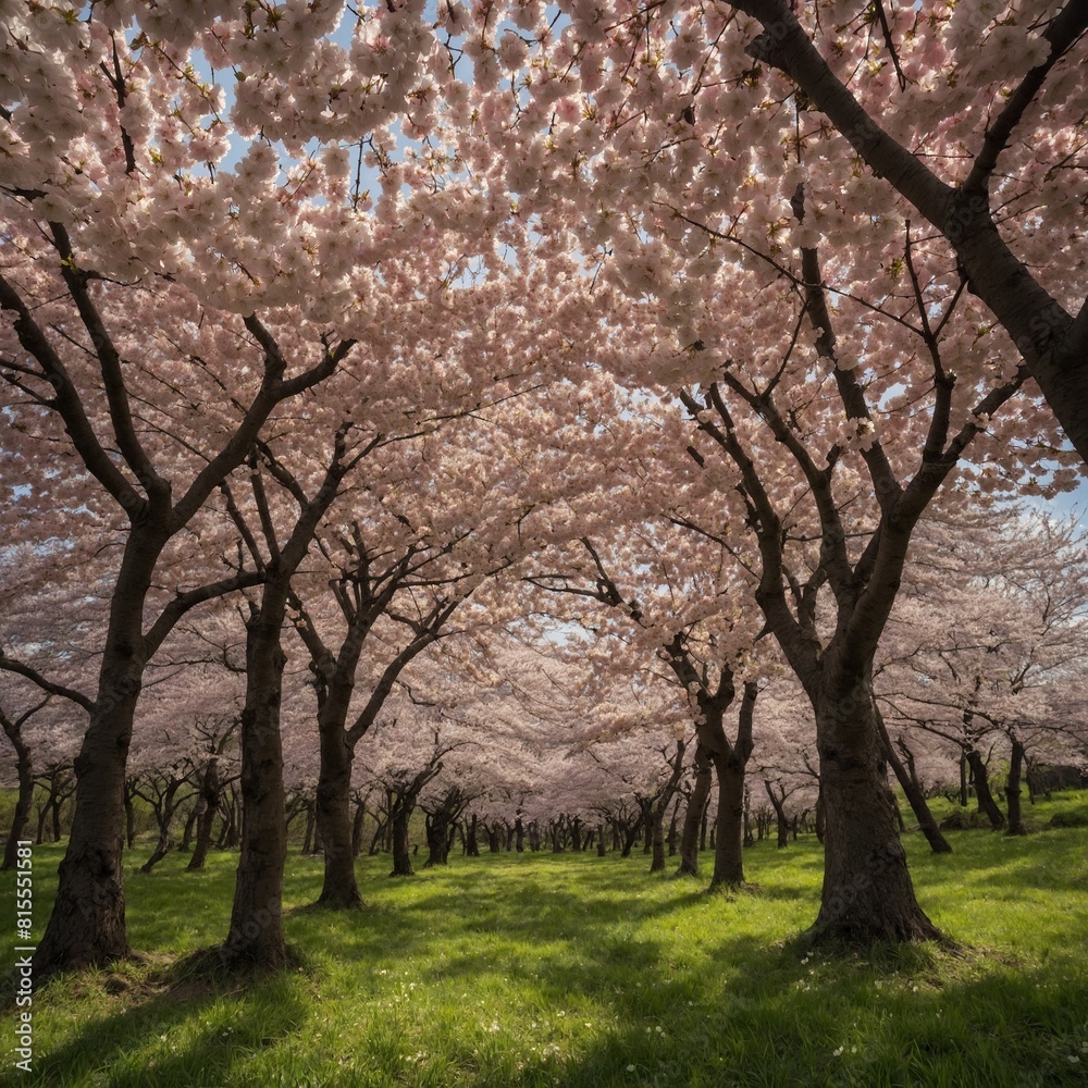 A peaceful grove of cherry blossom trees in full bloom.
