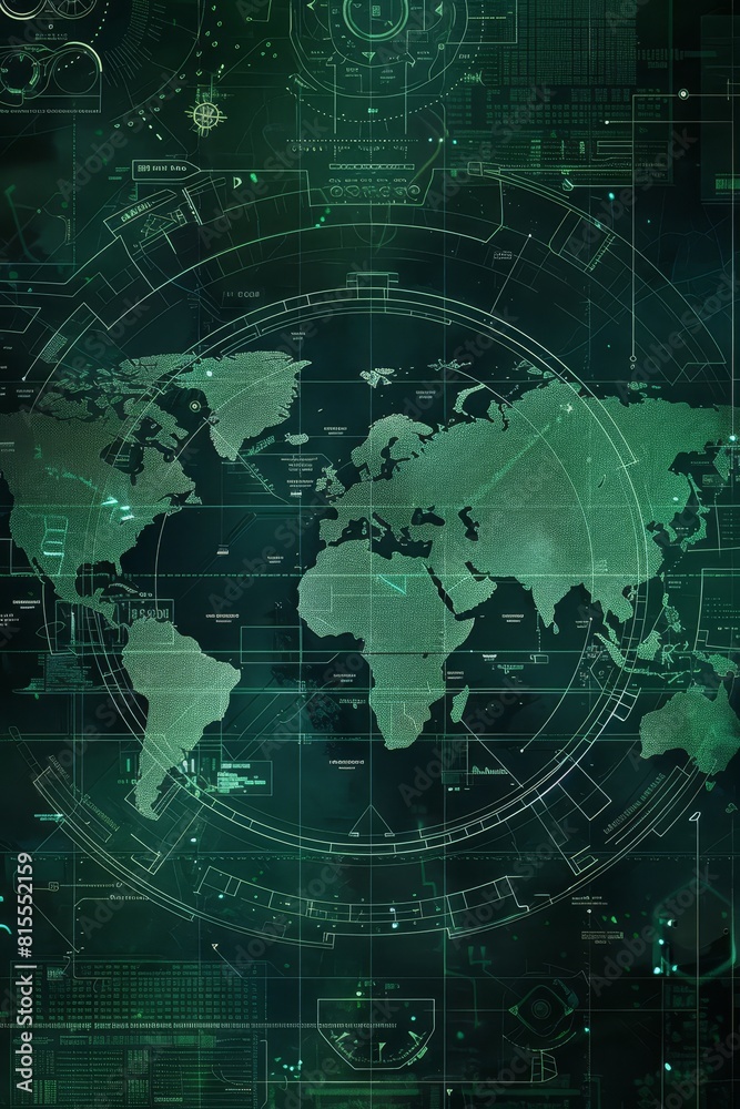 World map of terrain with radar interface.