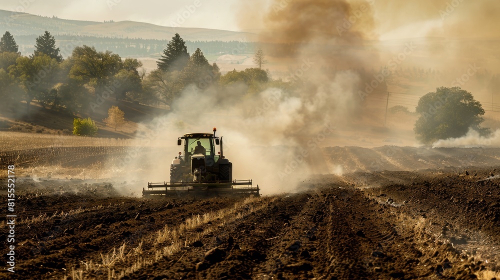 Fototapeta premium A tractor plowing through farmland, kicking up dust in the warm light of the setting sun.