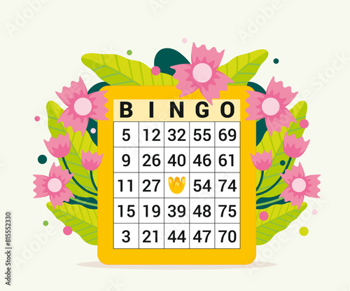Illustration d'un carton de loto décoré de fleurs roses et de feuilles vertes, élément graphique pour affiche événementielle, organisation de jeux dans un centre loisirs, tombola pour personnes âgées