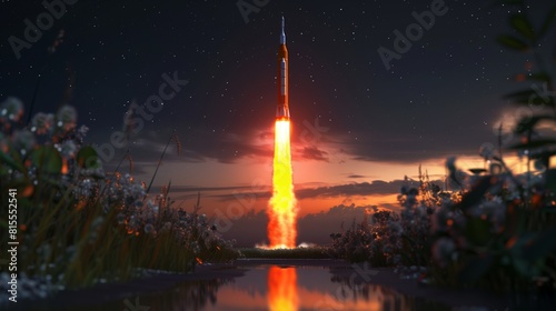 Launch of a Space Rocket, Fiery Orange Against a Night Sky, Viewed from a Distance