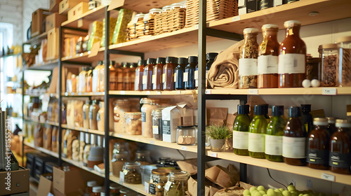 Zero waste shop interior Wooden shelves with different food goods and personal hygiene or cosmetics products in plastic free grocery store Ecofriendly shopping at local small businesse : Generative AI © Generative AI