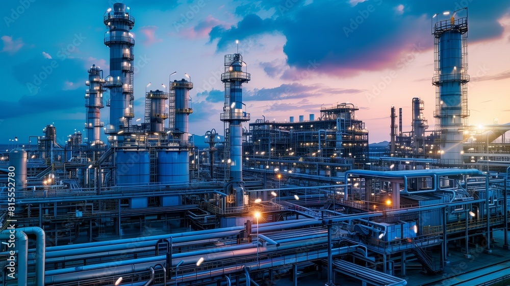 Royal Blue Oil Refinery at Dusk, Emphasizing Complex Chemical Processes Royal Blue Oil Refinery at Dusk, Emphasizing Complex Chemical Processes