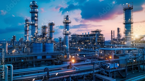 Royal Blue Oil Refinery at Dusk, Emphasizing Complex Chemical Processes