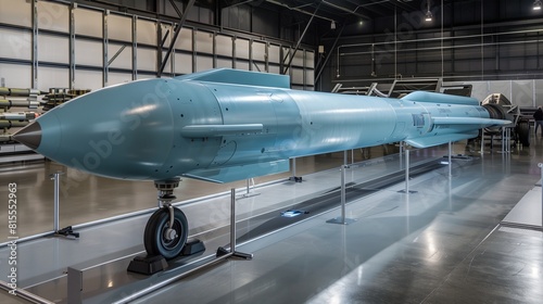 Sharp Image of a Pale Blue Hypersonic Missile on Display, Highlighting Advanced Military Aerospace Technology