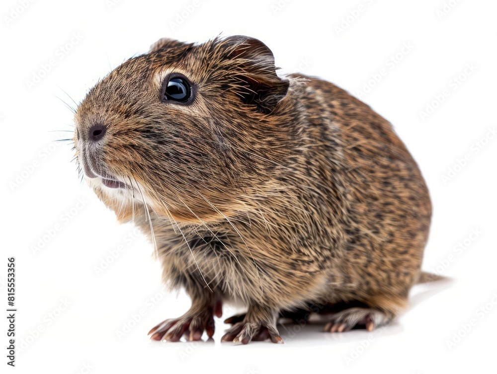 Guinea pig sitting against white background, guinea pig sitting on white background.