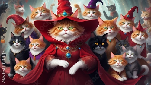 Cats with queen cat in red dress halloween illustration