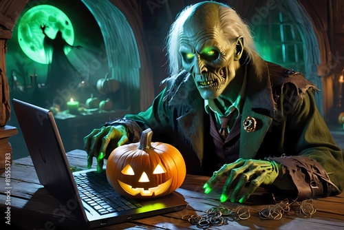 Halloween monster working on laptop, Scary character, Zombie photo