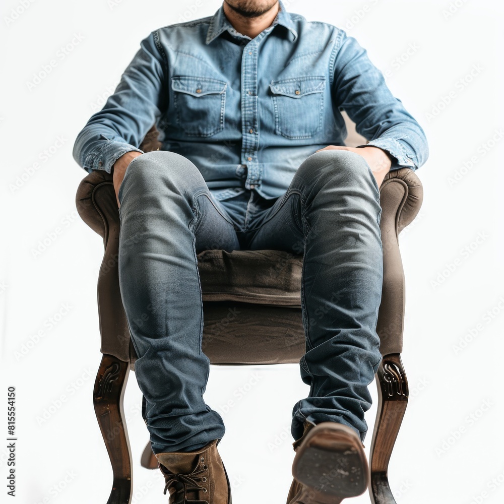 A man relaxes in a chair, sporting a stylish denim shirt A man relaxes in a chair, sporting a stylish denim shirt