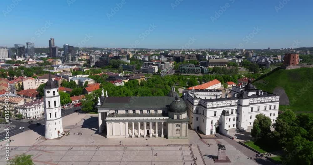 Aerial Boom Shot Above Cathedral Square in Downtown Vilnius. Lithuanian Capital City Aerial Boom Shot Above Cathedral Square in Downtown Vilnius. Lithuanian Capital City