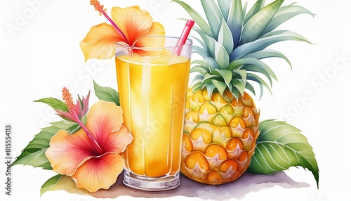 Pineapple juice drinking and Hibiscus flower, illustration watercolor