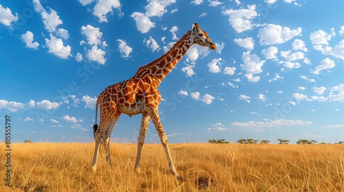Reticulated giraffe (Giraffa reticulata) crossing the savannah against a blue sky with golden light Segera  photo