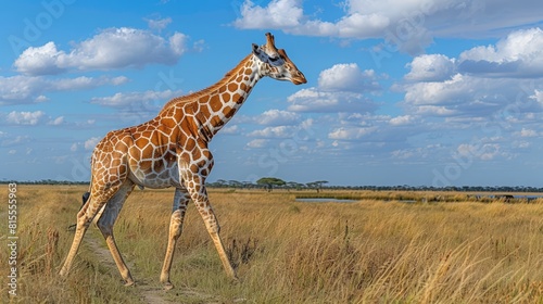 Reticulated giraffe (Giraffa reticulata) crossing the savannah against a blue sky with golden light Segera  photo