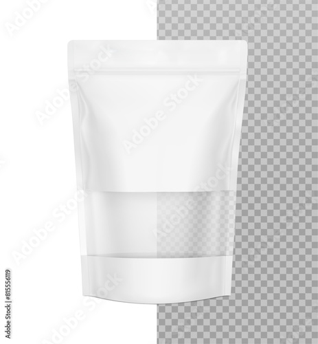 Pouch bags with transparent window mockups on white background. With the transparent window and screen mode overlay, it's easy to make a realistic mockup of your product. Vector illustration. EPS10.