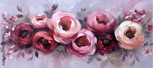 Fototapeta Naklejka Na Ścianę i Meble -  Brush strokes and rich oil paint textures bring pink and burgundy peonies to life on a light purple canvas, inviting contemplation amidst their dynamic dance.