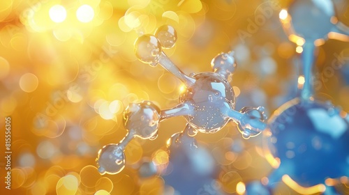 Vitamin B5 molecular structure in 3D icy blue, with glowing bokeh on a softly blurred yellow background photo