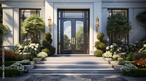 Modern mansion entrance with a door open