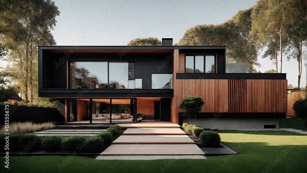Modern luxury minimalist cubic house, villa with wooden cladding and black panel walls and landscaping design front yard. Residential architecture exterior.