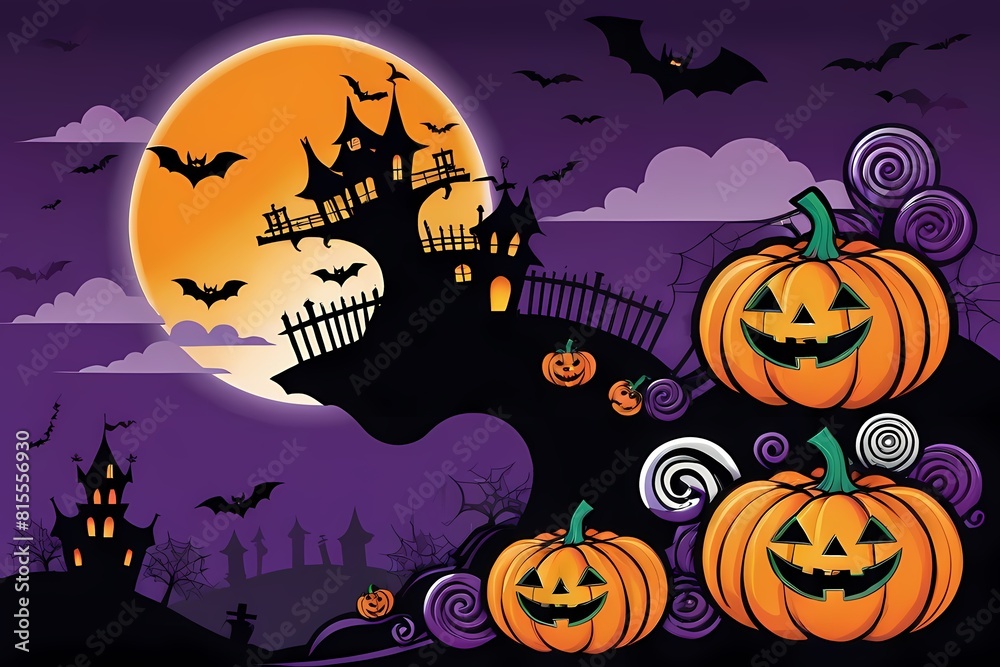Halloween night background with pumpkin and bats illustration