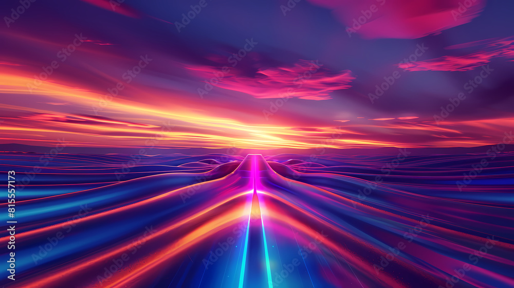 Abstract background with colorful lines in the style of vector illustrations, blue and purple gradient, red sky at sunset, 3D landscape with undulating waves, futuristic design, high resolution, neon 