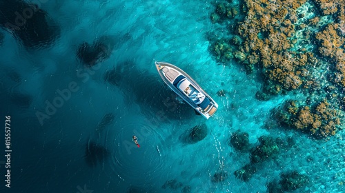 Aerial view of a boat floating above vibrant coral reefs in crystal-clear waters © Multiverse